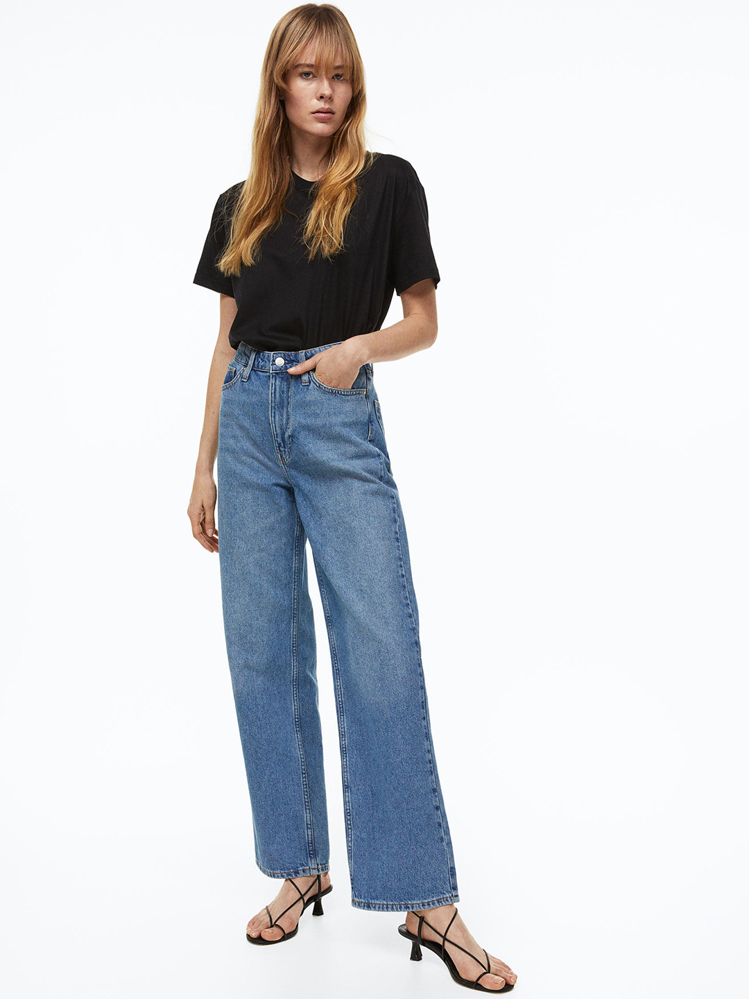 

H&M Women Pure Cotton Loose Straight High Jeans, Blue