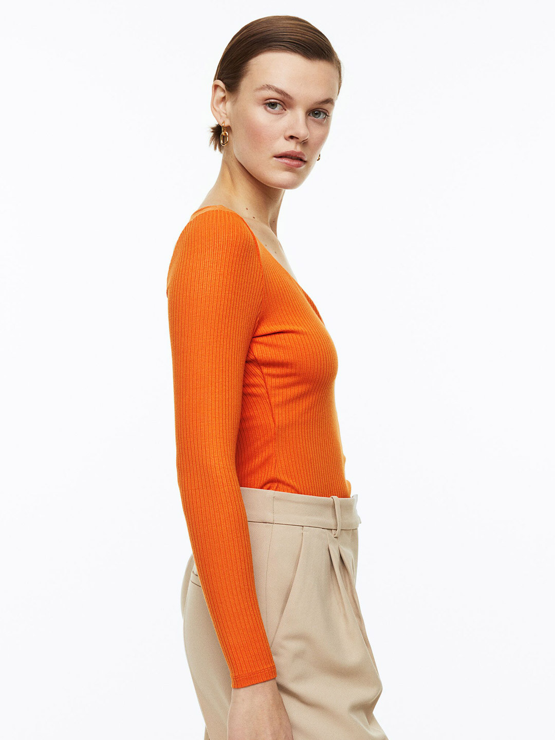 

H&M Long-Sleeved Ribbed Top, Orange