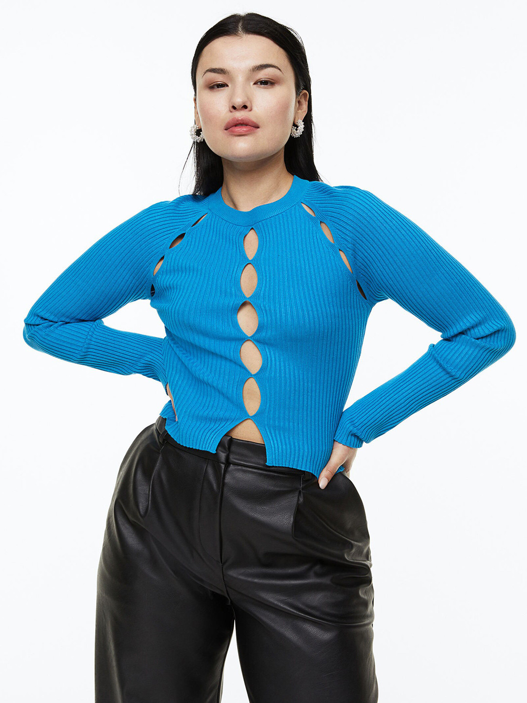 

H&M Women Rib-Knit Cut-Out Top, Blue