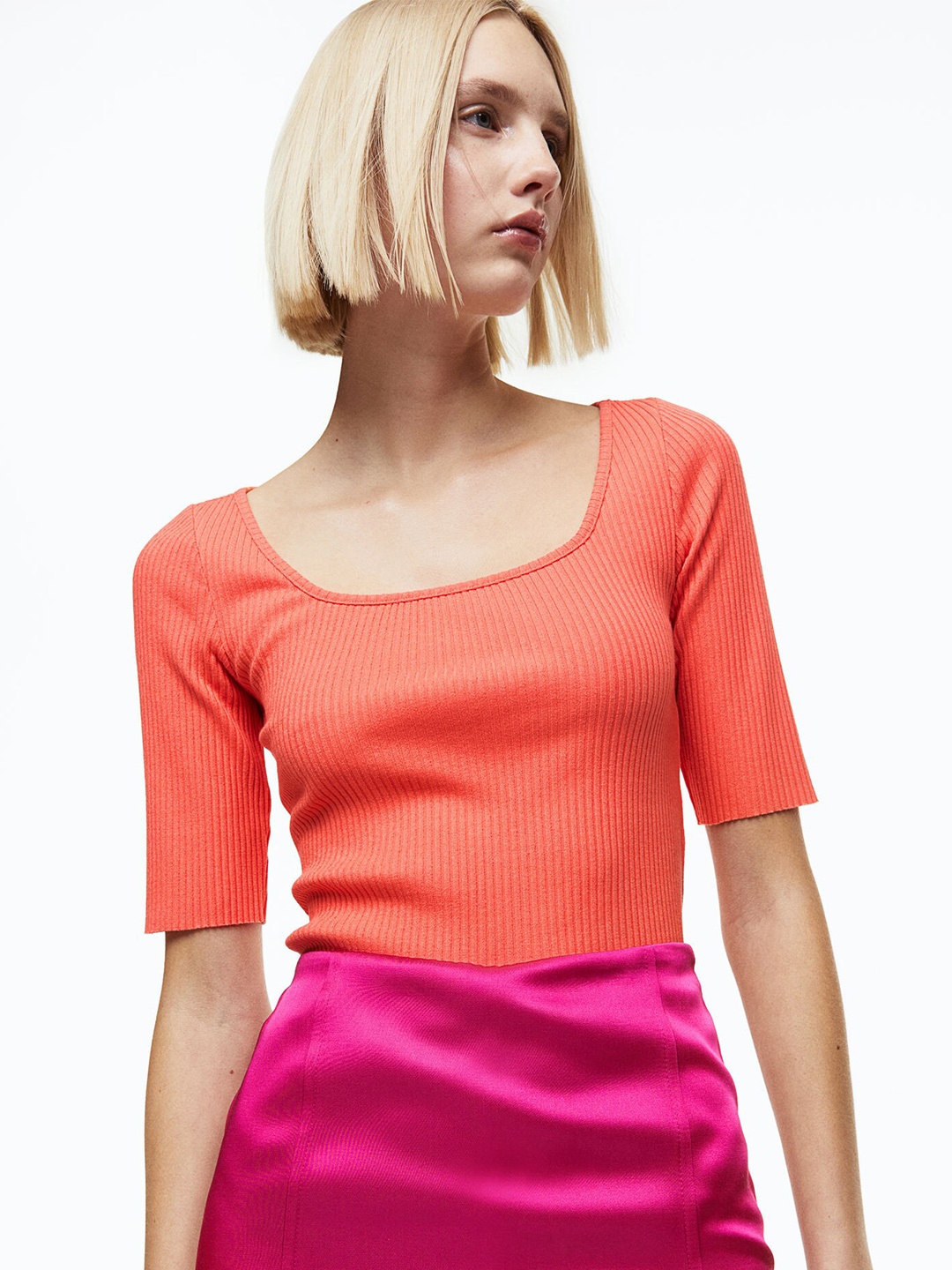 

H&M Women Ribbed Top, Orange
