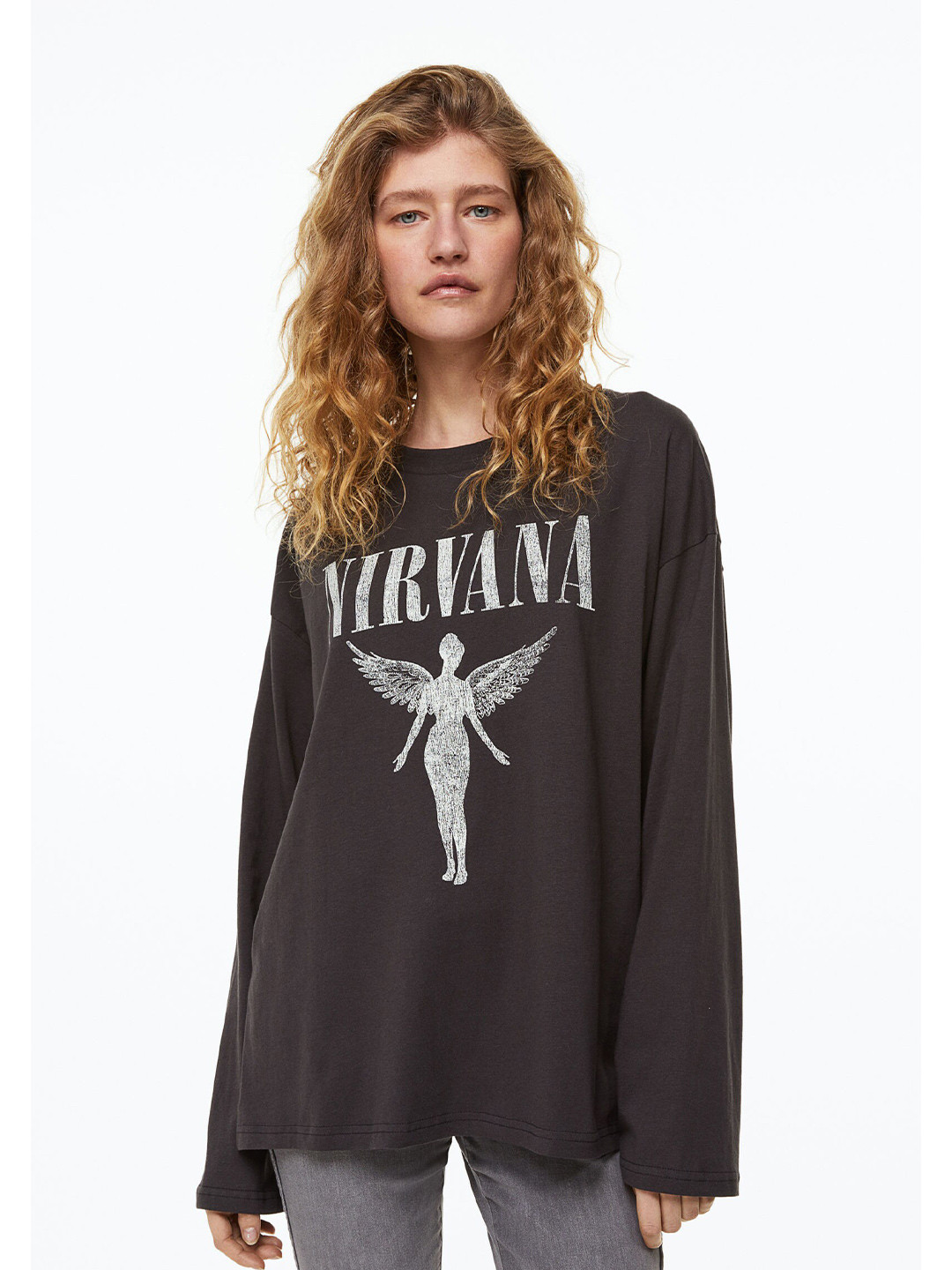 

H&M Women Oversized Print-Motif Top, Grey