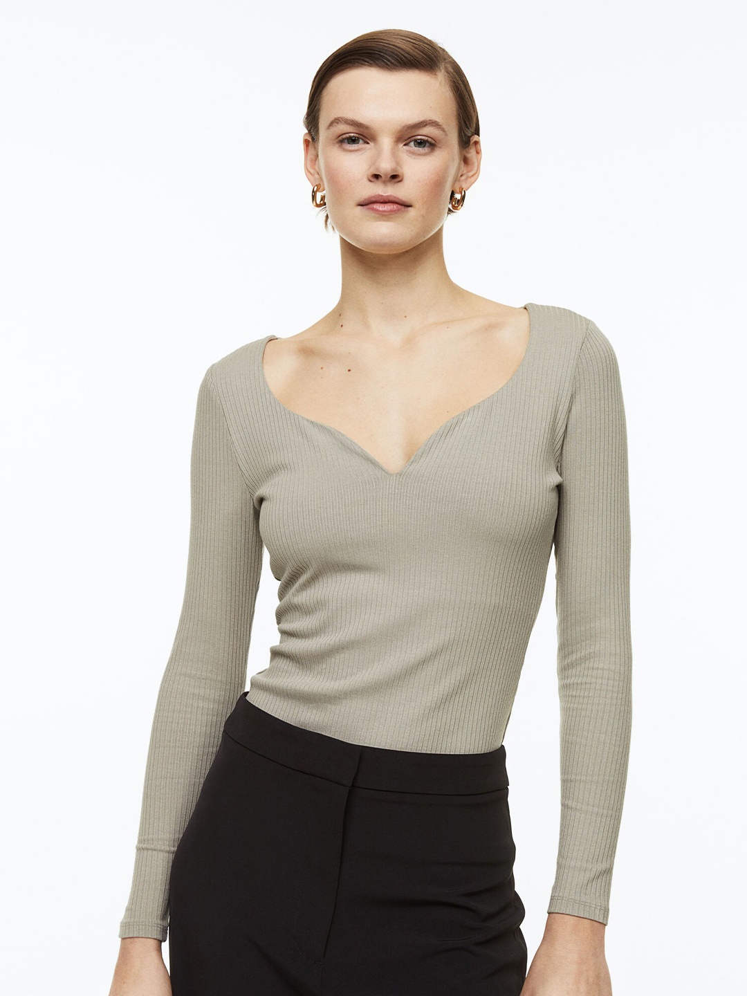 

H&M Long-Sleeved Ribbed Top, Grey