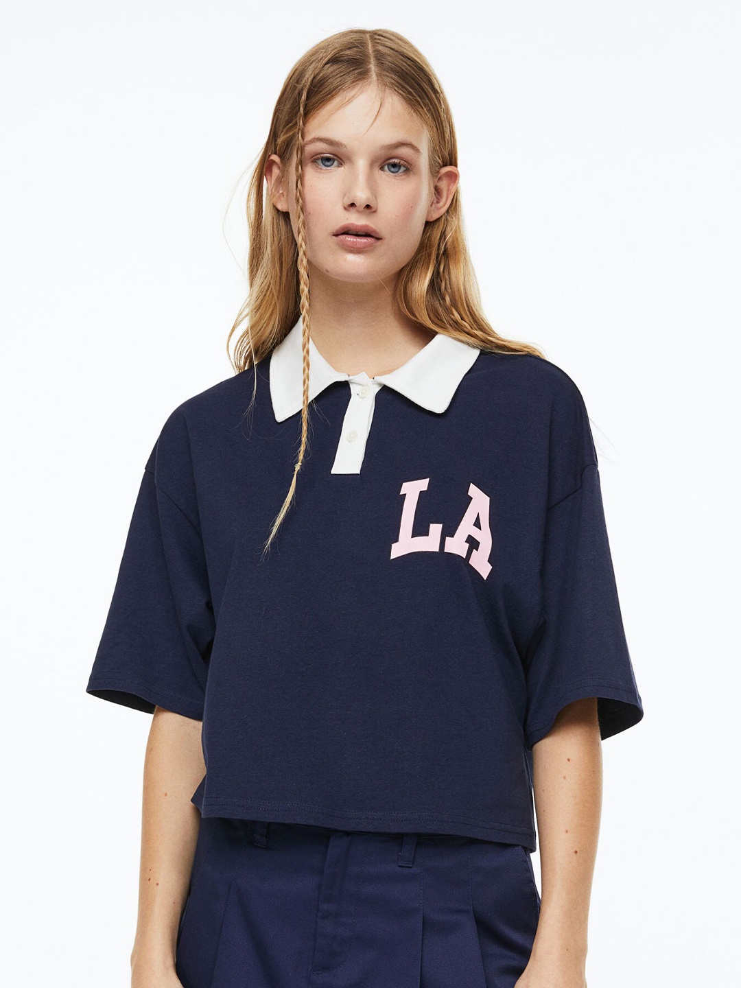 

H&M Women Cotton Polo Shirt, Navy blue