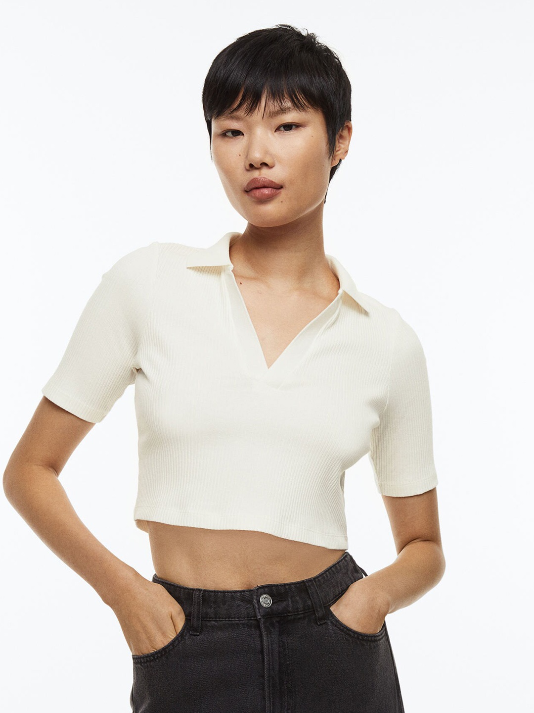 

H&M Collared Ribbed Top, White