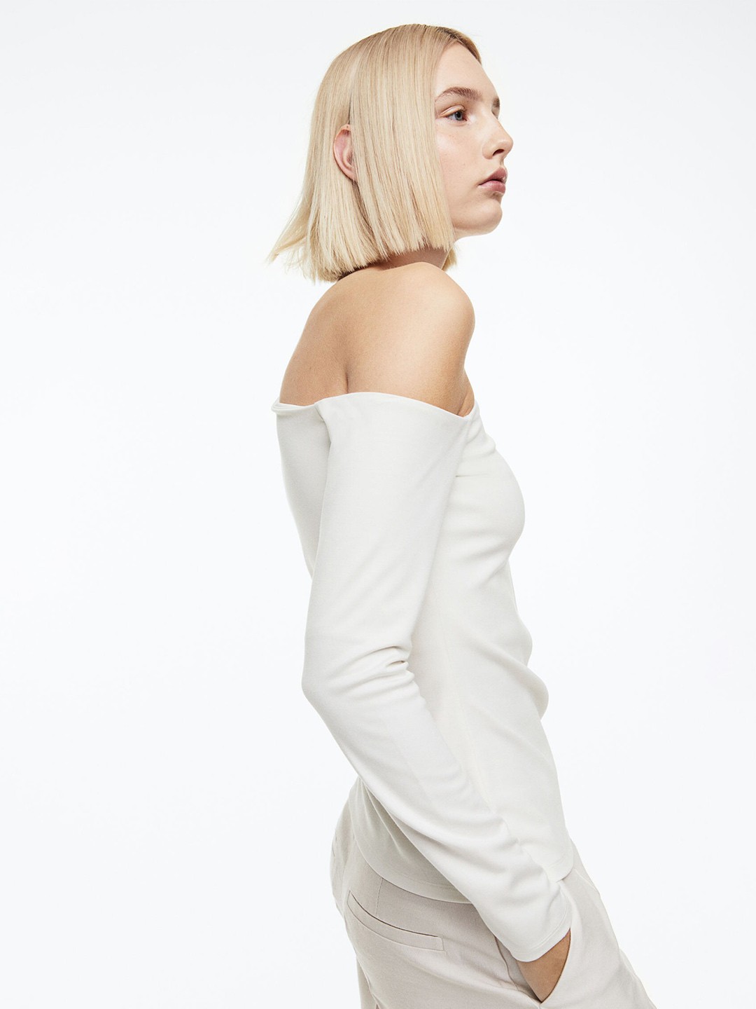 

H&M Women One-Shoulder Long-Sleeved Top, White