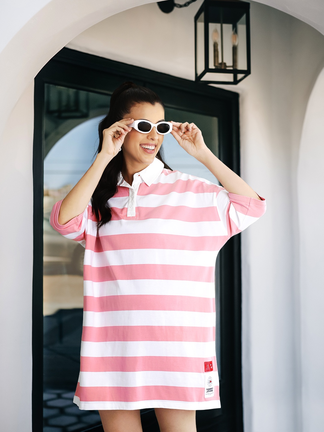 

Tommy Hilfiger Striped Pure Cotton T-shirt Dress, Pink