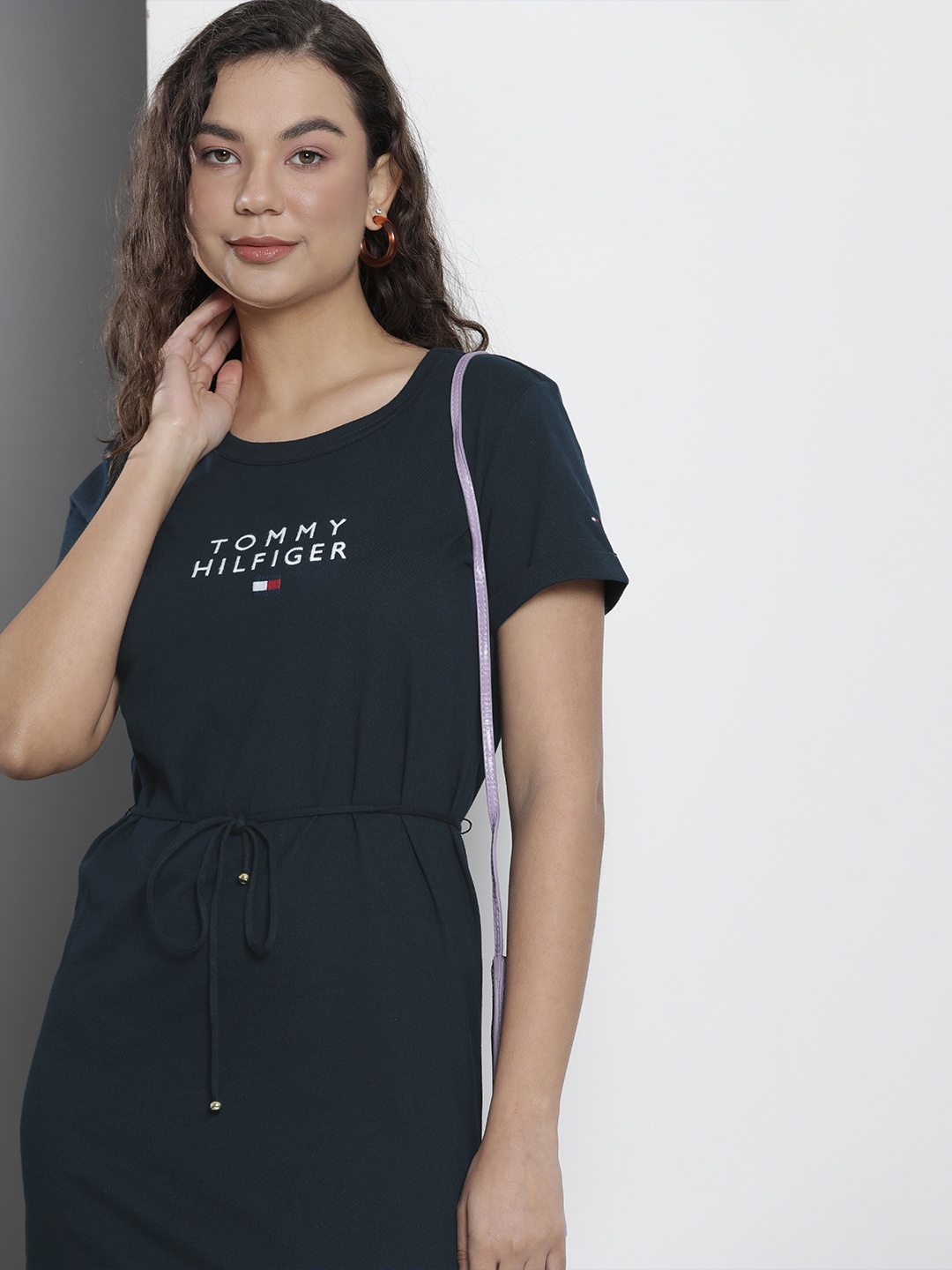 

Tommy Hilfiger Pure Cotton Brand Logo Embroidered T-shirt Dress With Tie-Ups Detail, Navy blue