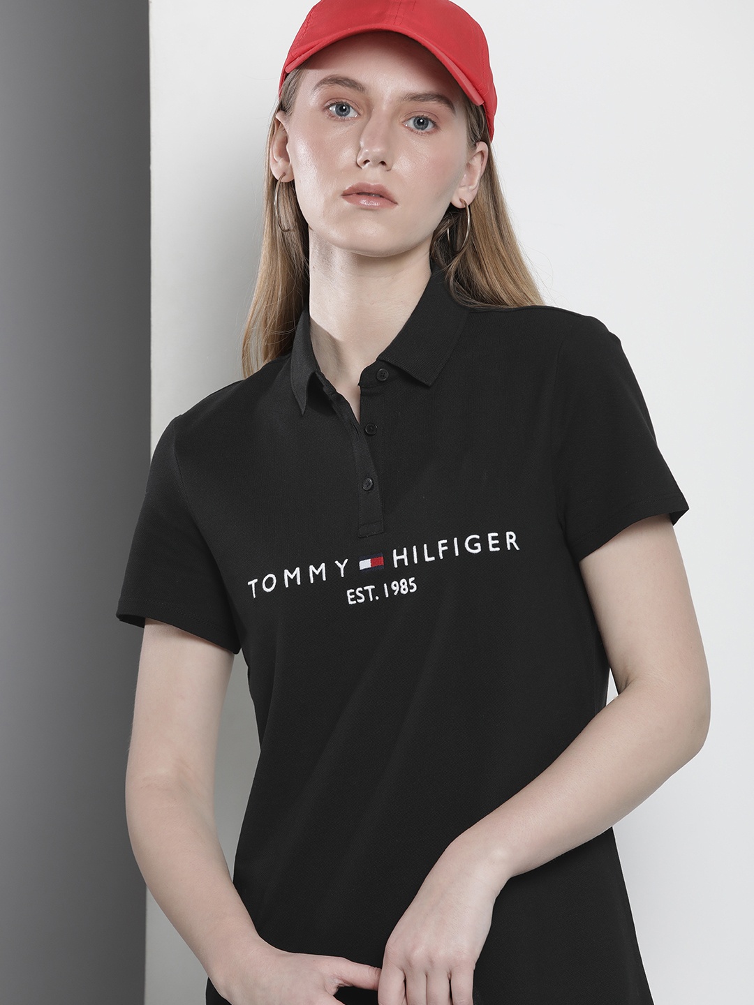 

Tommy Hilfiger Brand Logo Embroidered Shirt Collar T-shirt Dress, Black