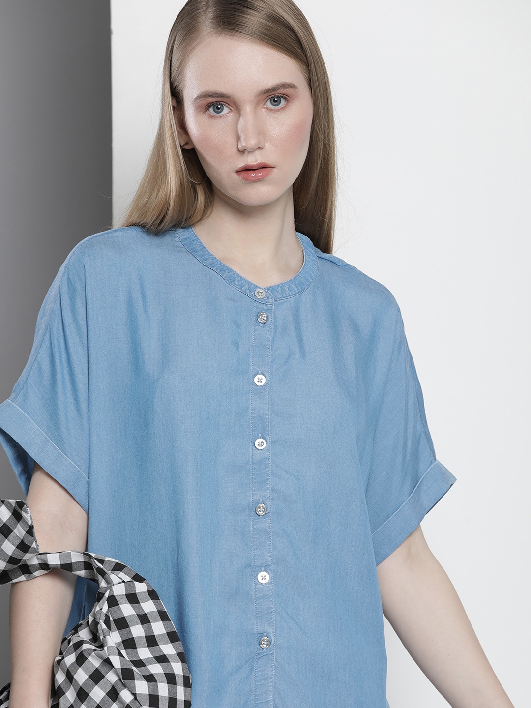 

Tommy Hilfiger Women Band Collar Extended Sleeves Casual Shirt, Blue