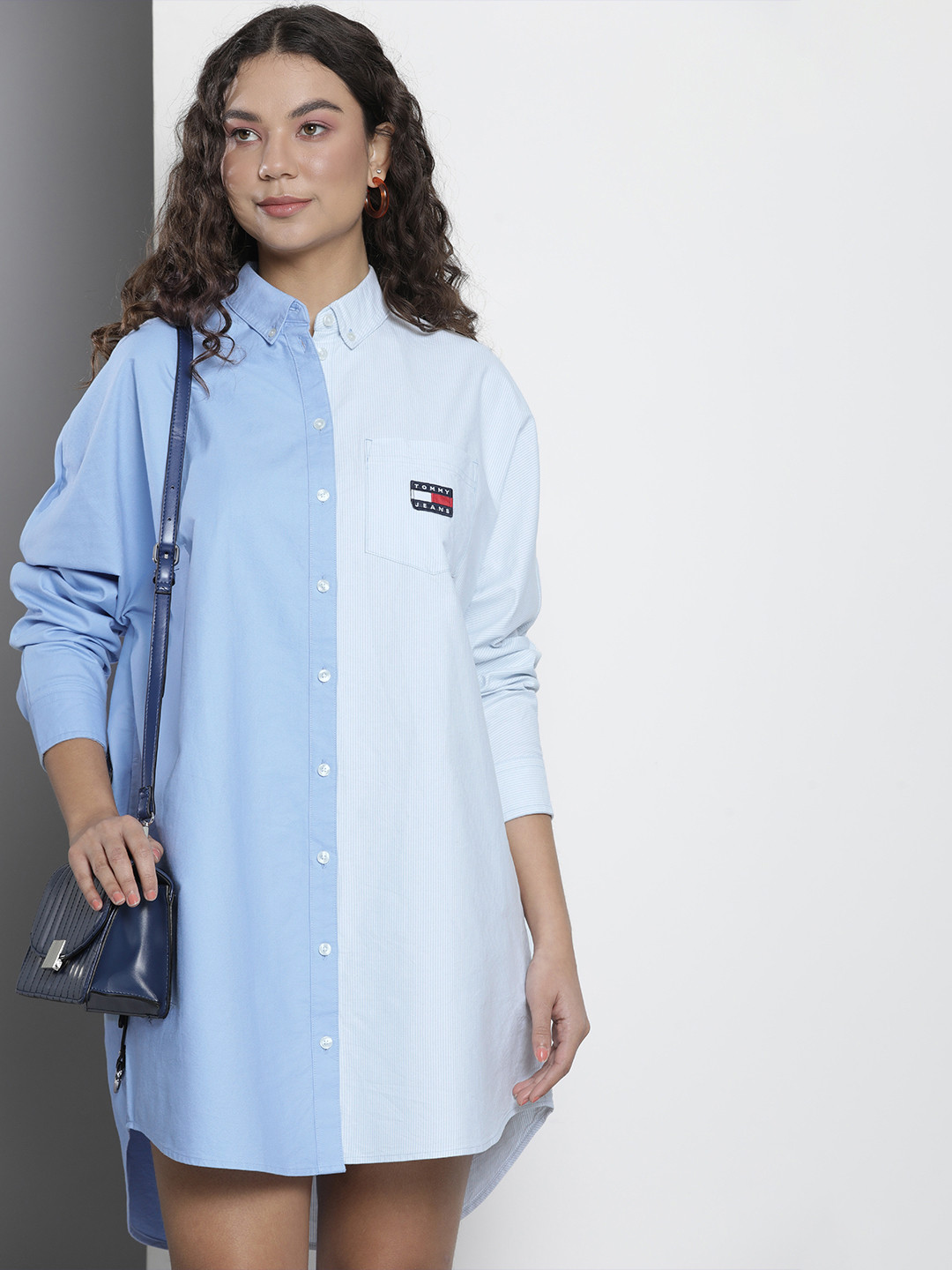 

Tommy Hilfiger Pure Cotton Colourblocked Oversized Shirt Dress, Blue