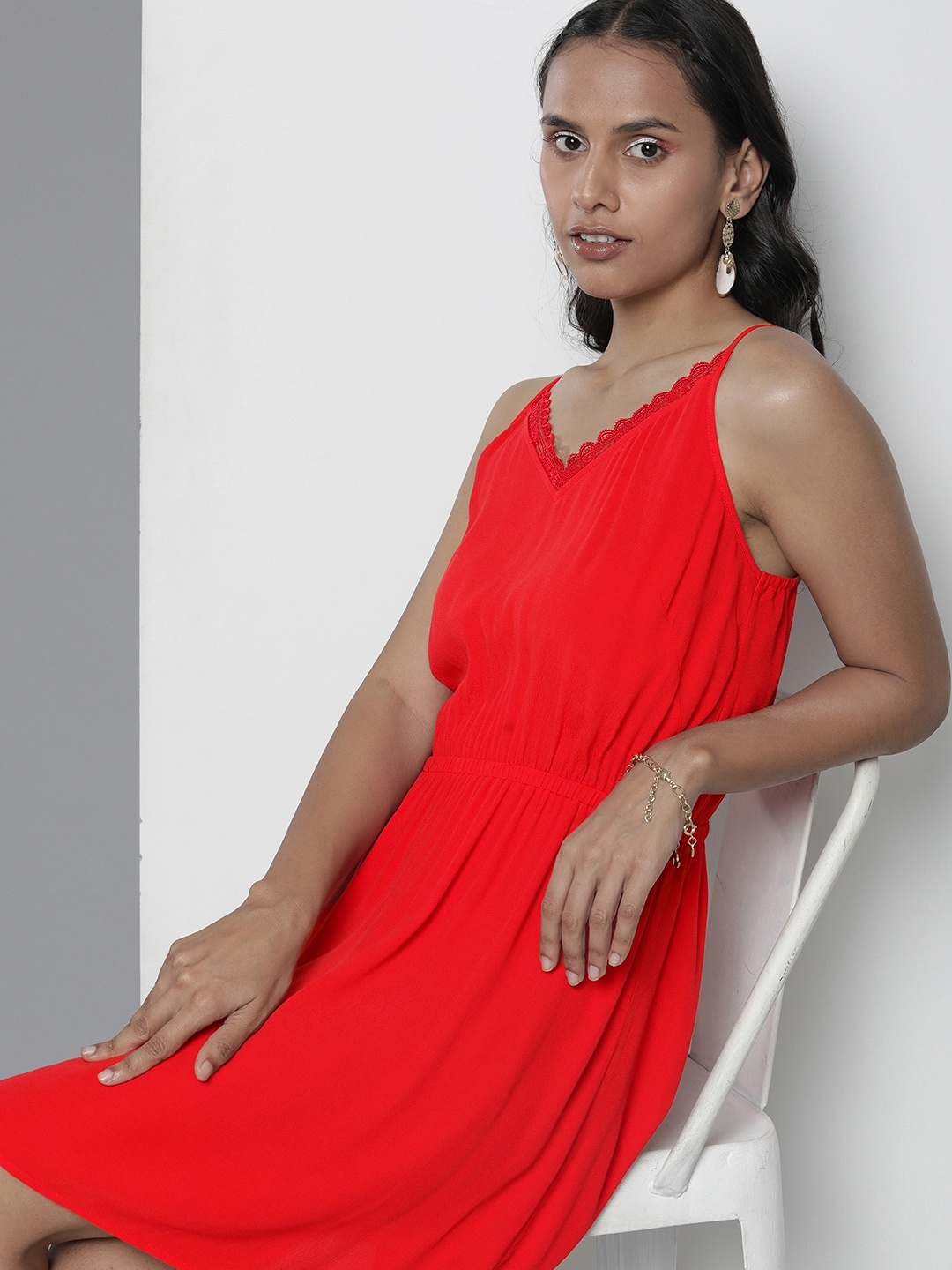 

Tommy Hilfiger Solid Shoulder Straps Fit & Flare Dress With Lace Inserts Detail, Red