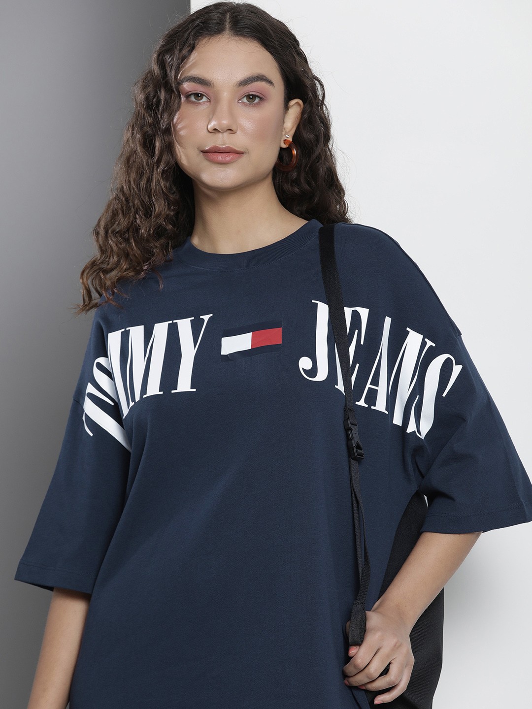 

Tommy Hilfiger Pure Cotton Brand Logo Printed Oversized T-shirt Dress, Navy blue