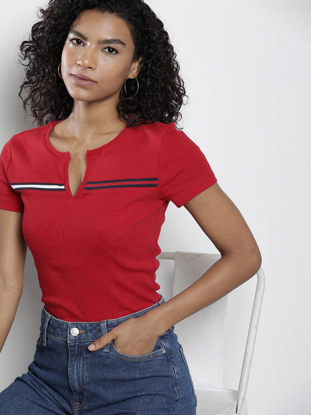 

Tommy Hilfiger Women Pure Cotton Ribbed Solid T-shirt With Striped Detail, Red