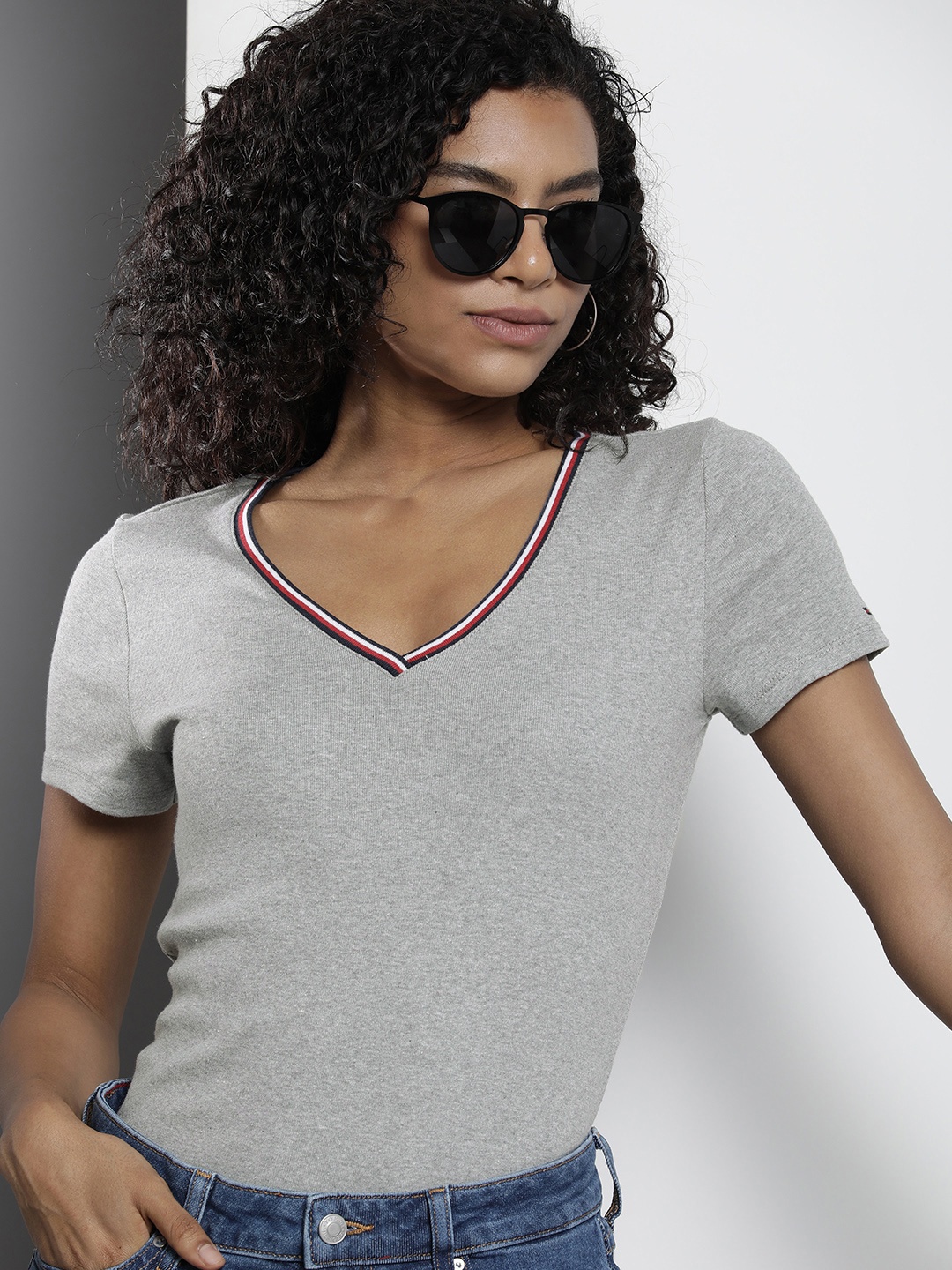 

Tommy Hilfiger Women Pure Cotton Solid V-Neck T-shirt, Grey