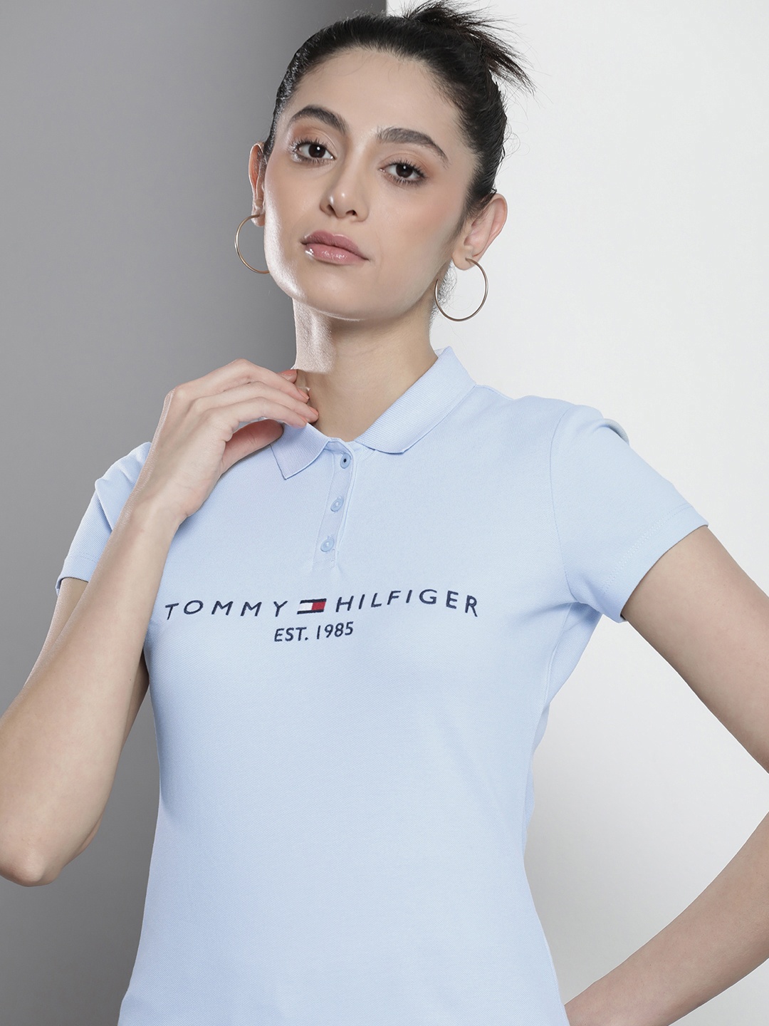 

Tommy Hilfiger Women Brand Logo Embroidered Polo Collar Slim Fit T-shirt, Blue