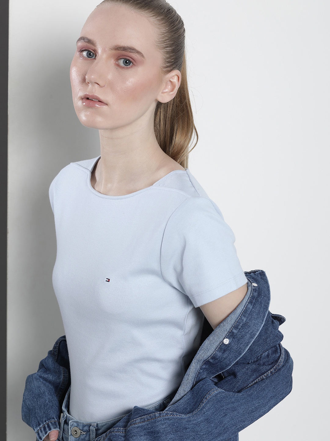 

Tommy Hilfiger Women Solid Boat Neck Pure Cotton T-shirt, Blue
