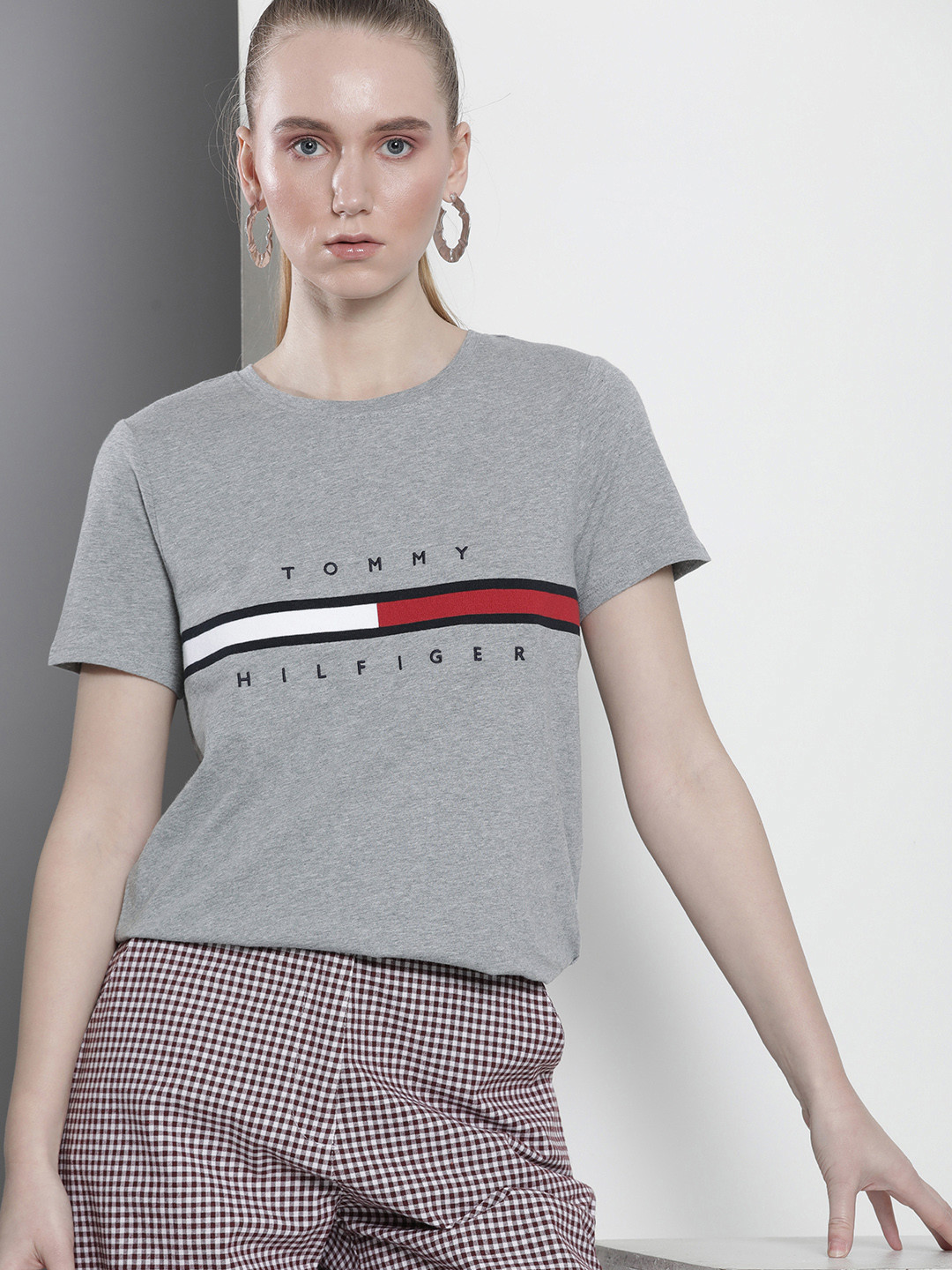 

Tommy Hilfiger Women Brand Logo Embroidered Relaxed Fit Pure Cotton T-shirt, Grey melange