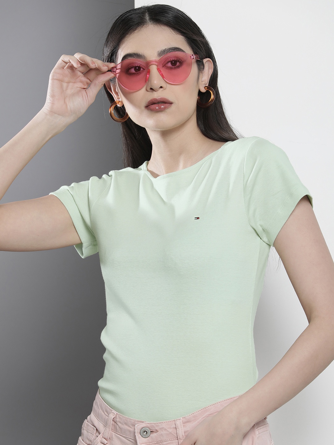 

Tommy Hilfiger Women Solid Pure Cotton Boat Neck T-shirt, Green