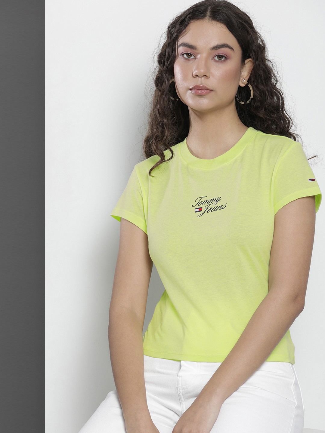 

Tommy Hilfiger Women Brand Logo Printed Round Neck T-shirt, Lime green