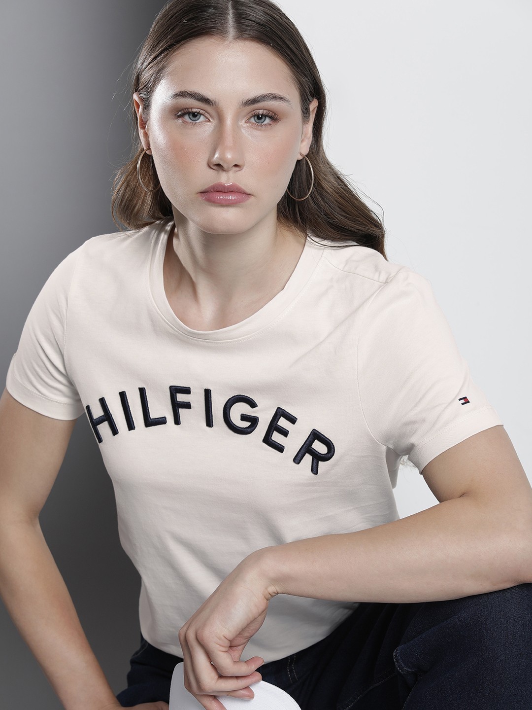 

Tommy Hilfiger Brand Logo Embroidered Pure Cotton T-shirt, Beige