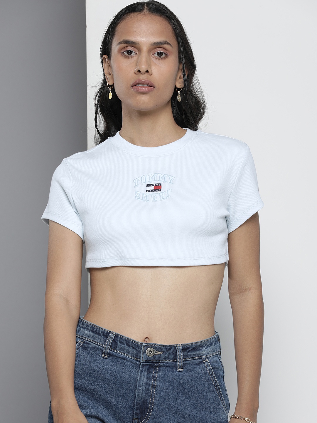 

Tommy Hilfiger Brand Logo Embroidered Casual Crop T-shirt, Blue