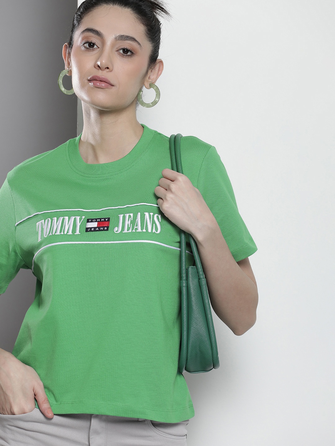 

Tommy Hilfiger Women Pure Cotton Brand Logo Printed T-shirt, Green
