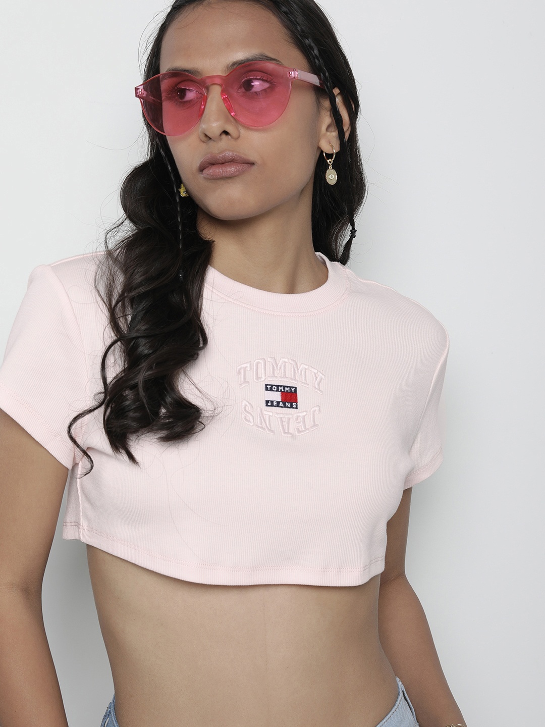 

Tommy Hilfiger Brand Logo Embroidered Casual Crop T-shirt, Pink