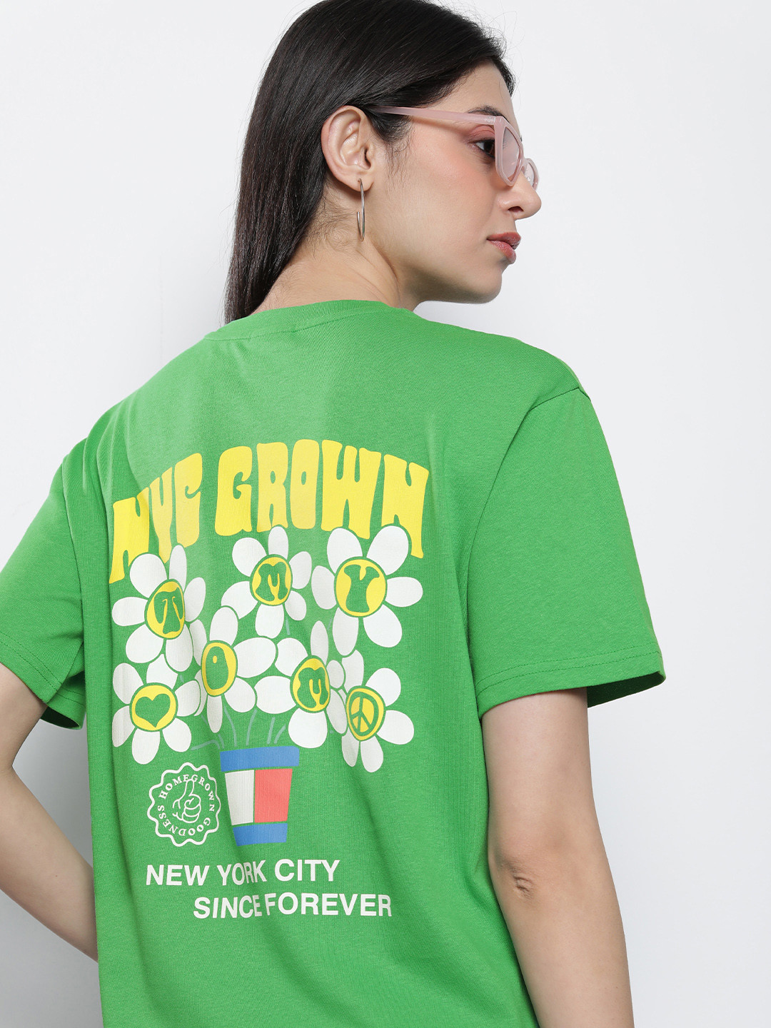 

Tommy Hilfiger Typography Floral Printed Drop-Shoulder Sleeves Pure Cotton T-shirt, Green
