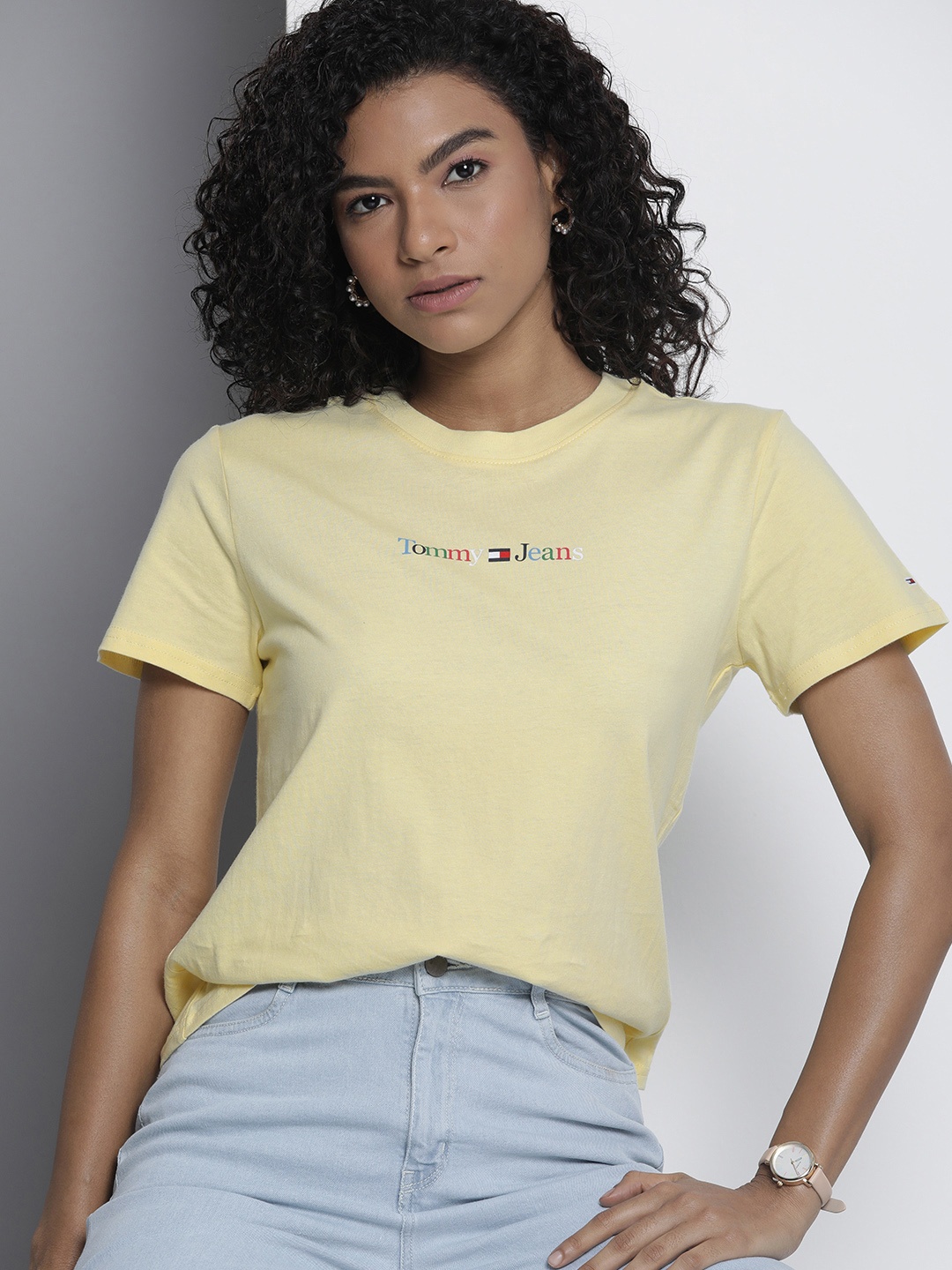 

Tommy Hilfiger Brand Logo Print Detail Pure Cotton T-shirt, Yellow