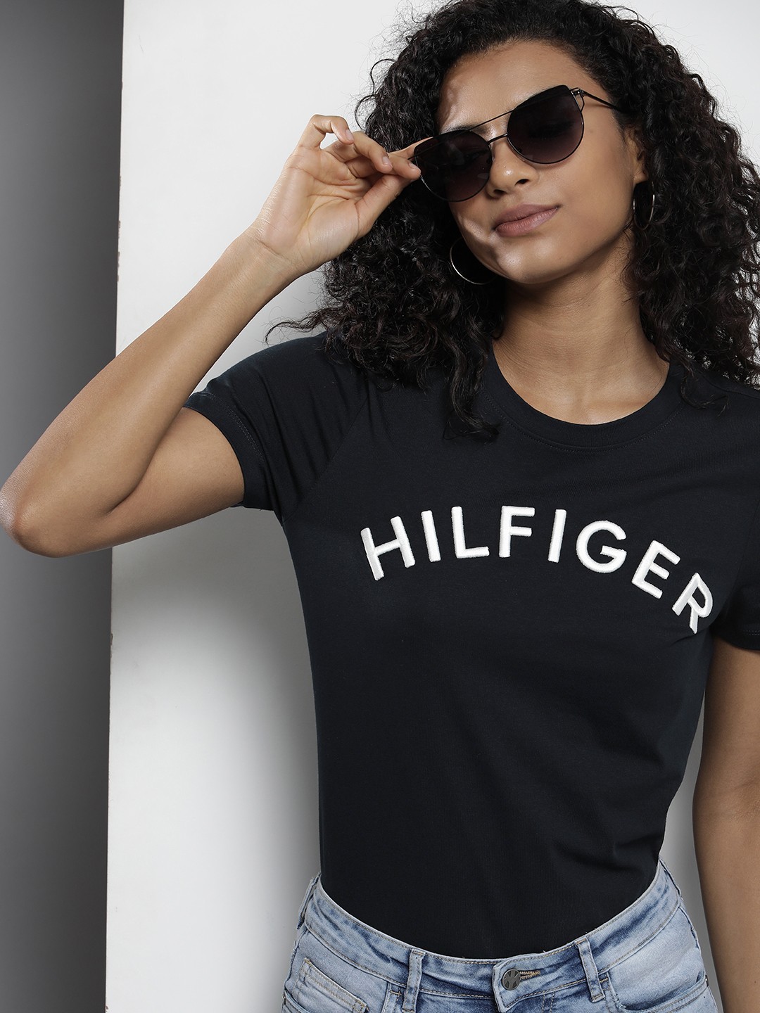 

Tommy Hilfiger Women Pure Cotton Brand Logo Embroidered T-shirt, Navy blue