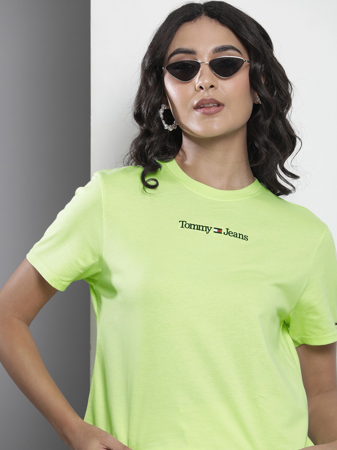

Tommy Hilfiger Women Pure Cotton Brand Logo Printed T-shirt, Lime green