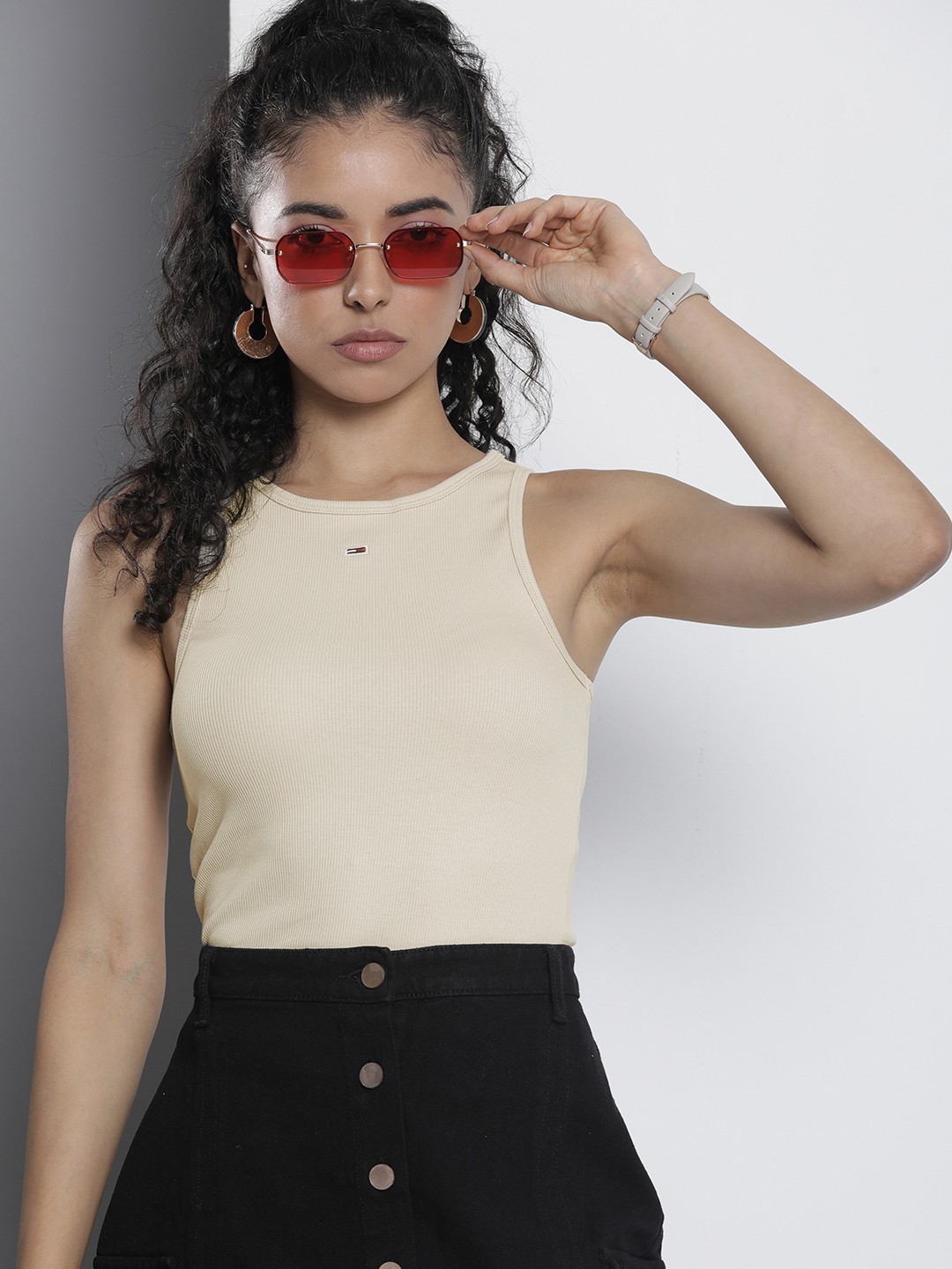 

Tommy Hilfiger Solid Ribbed Sleeveless Tank Top, Beige