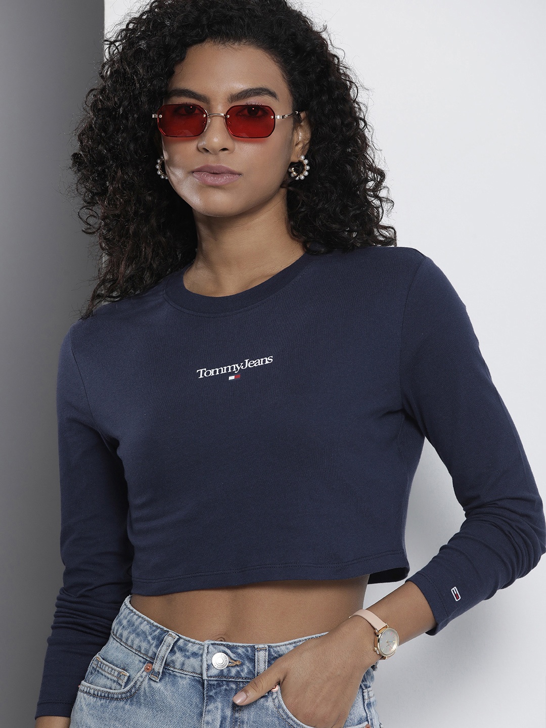 

Tommy Hilfiger Brand Logo Printed Pure Cotton Crop T-shirt, Navy blue