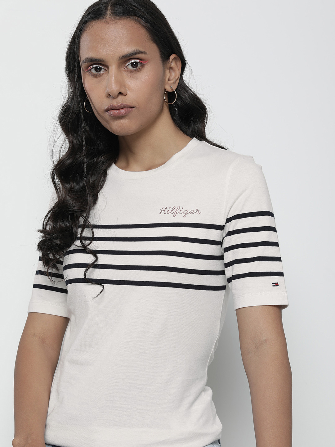 

Tommy Hilfiger Striped And Embroidered Pure Cotton Slim Fit T-shirt, White
