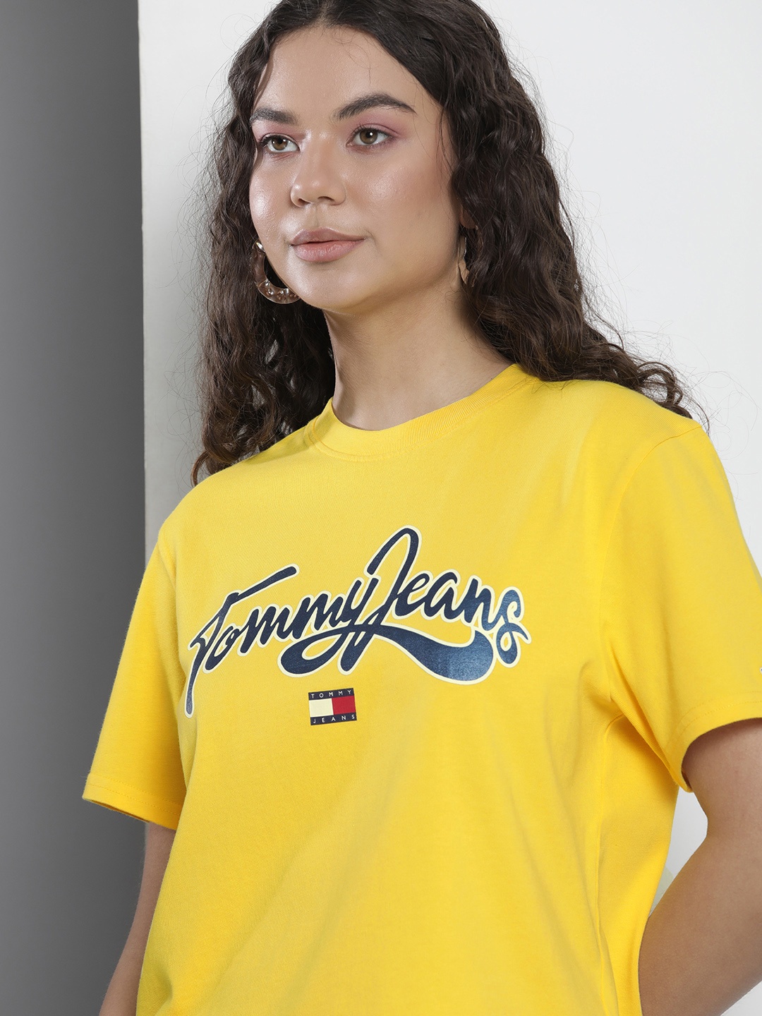 

Tommy Hilfiger Women Brand Logo Print Drop-Shoulder Sleeves Organic Cotton T-shirt, Yellow