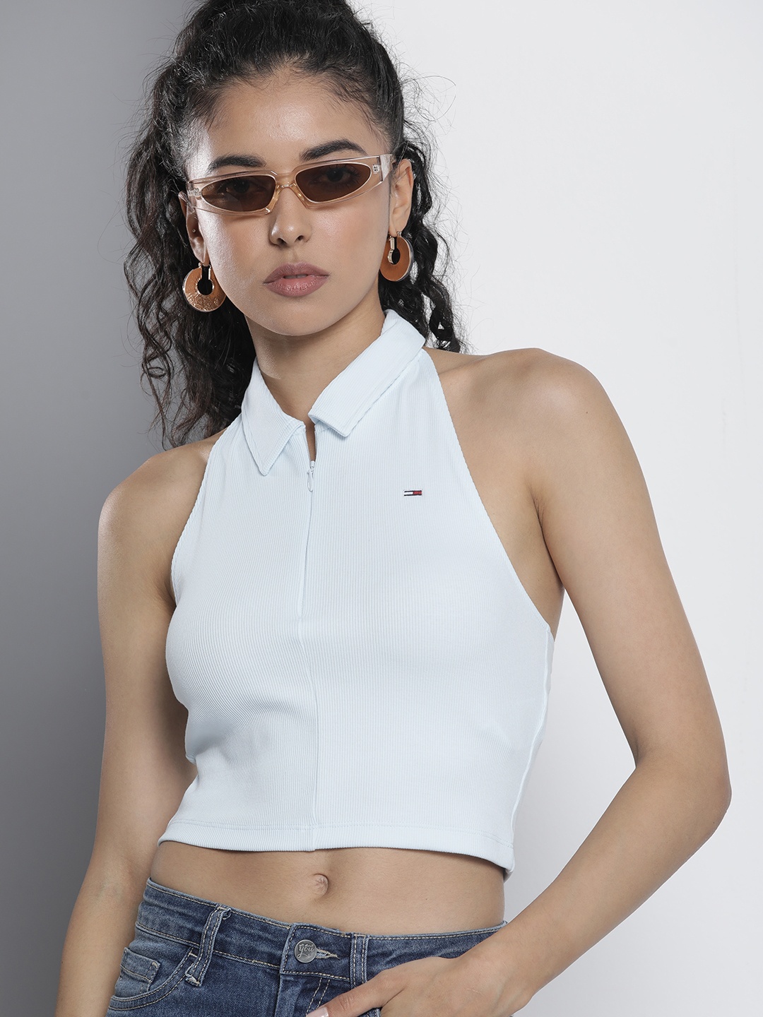 

Tommy Hilfiger Solid Halter Neck Sleeveless Ribbed Crop T-shirt, Blue