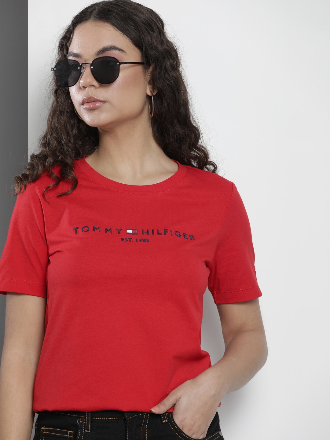 

Tommy Hilfiger Women Brand Logo Embroidered Pure Cotton Slim Fit T-shirt, Red