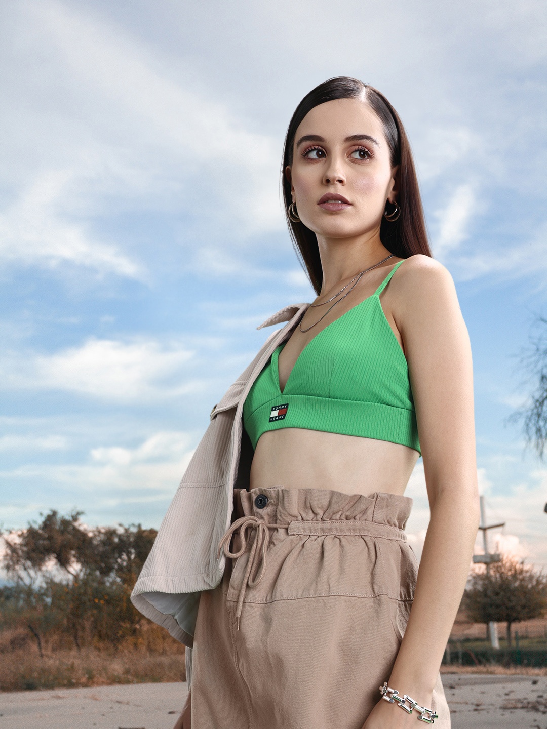 

Tommy Hilfiger Solid Ribbed Shoulder Straps Bralette Crop Top, Green
