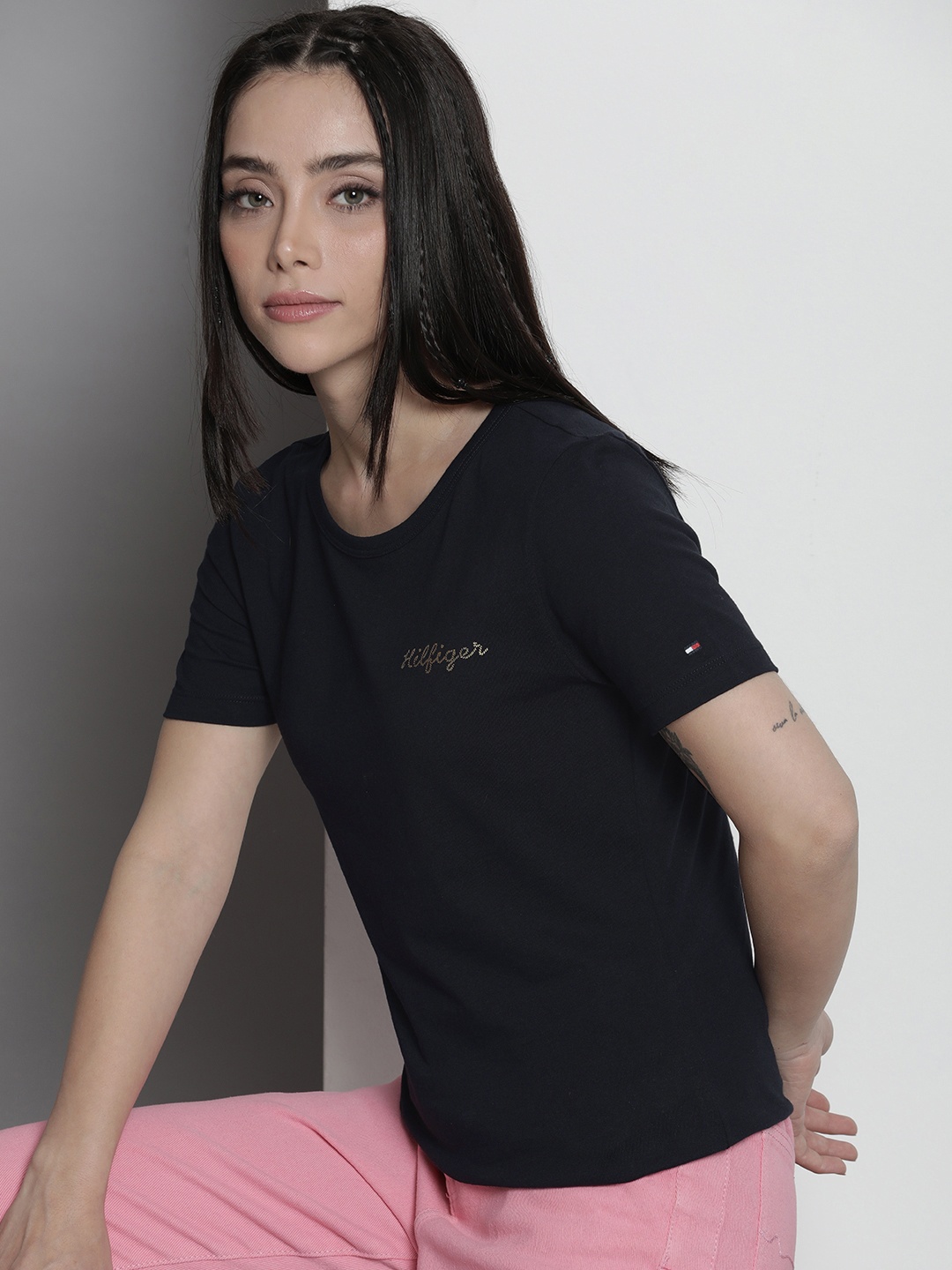 

Tommy Hilfiger Women Pure Cotton Slim Fit T-shirt, Navy blue