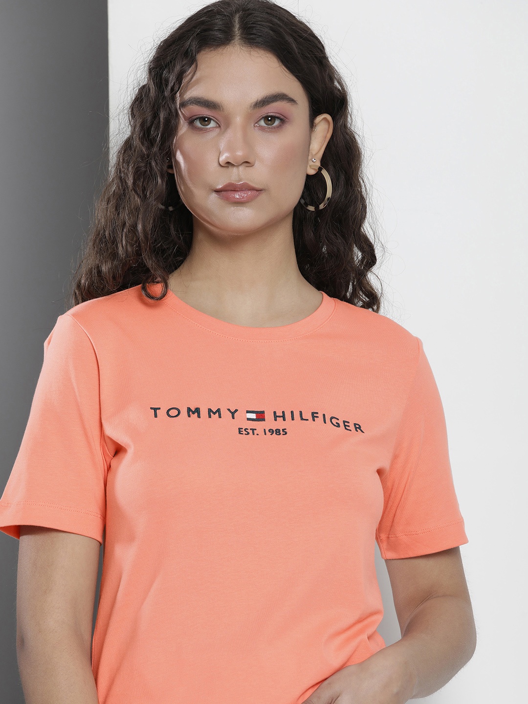 

Tommy Hilfiger Women Pure Cotton Brand Logo Embroidered Slim Fit T-shirt, Peach