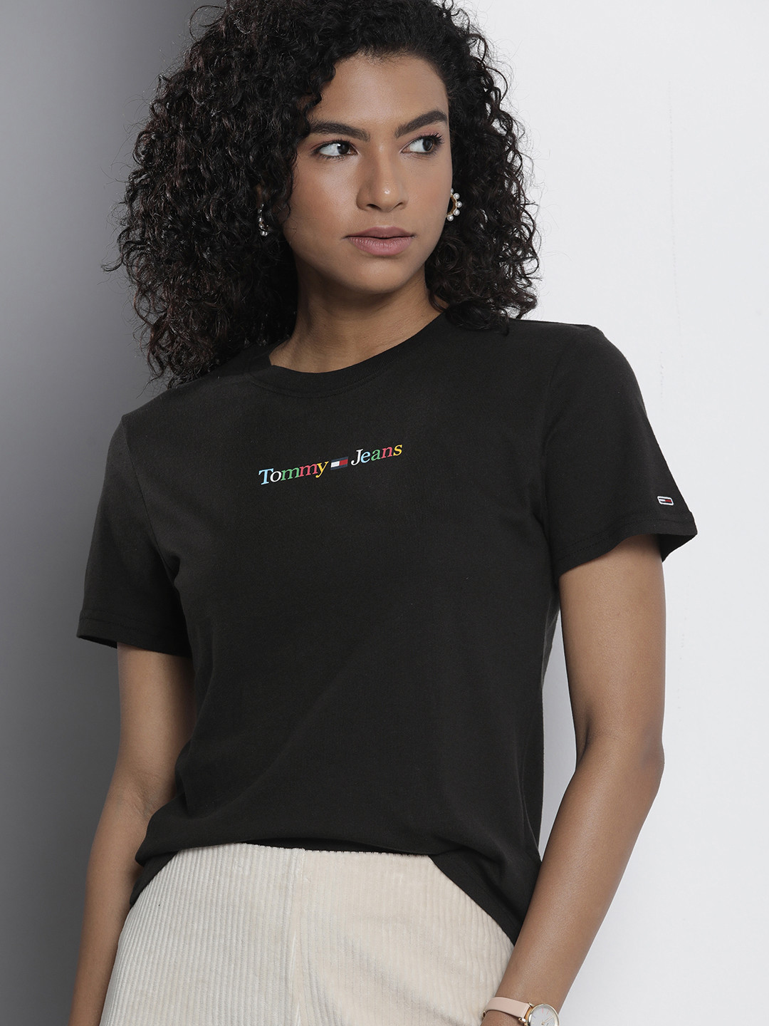 

Tommy Hilfiger Women Pure Cotton Brand Logo Printed T-shirt, Black