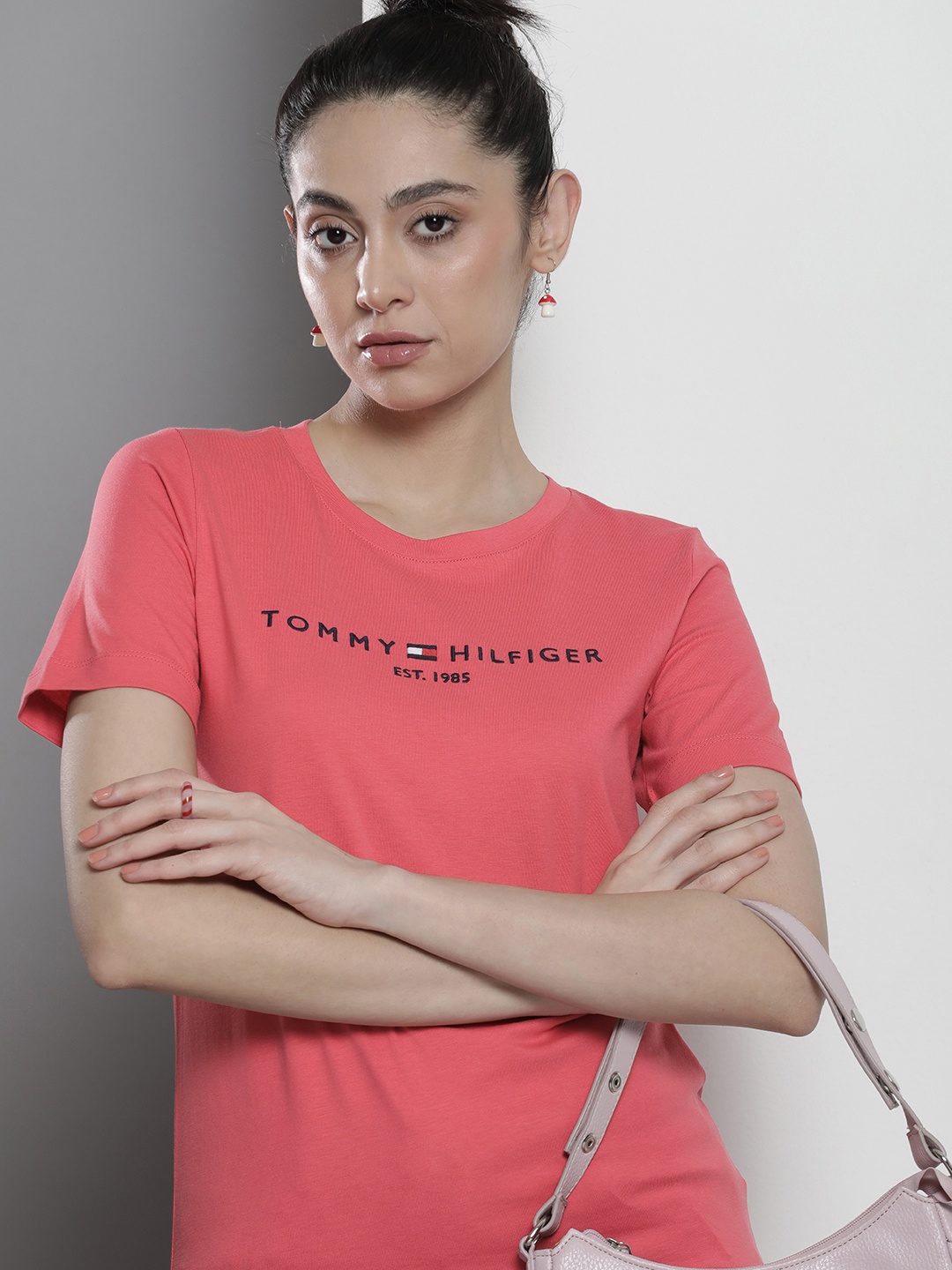 

Tommy Hilfiger Women Pure Cotton Brand Logo Printed T-shirt, Coral
