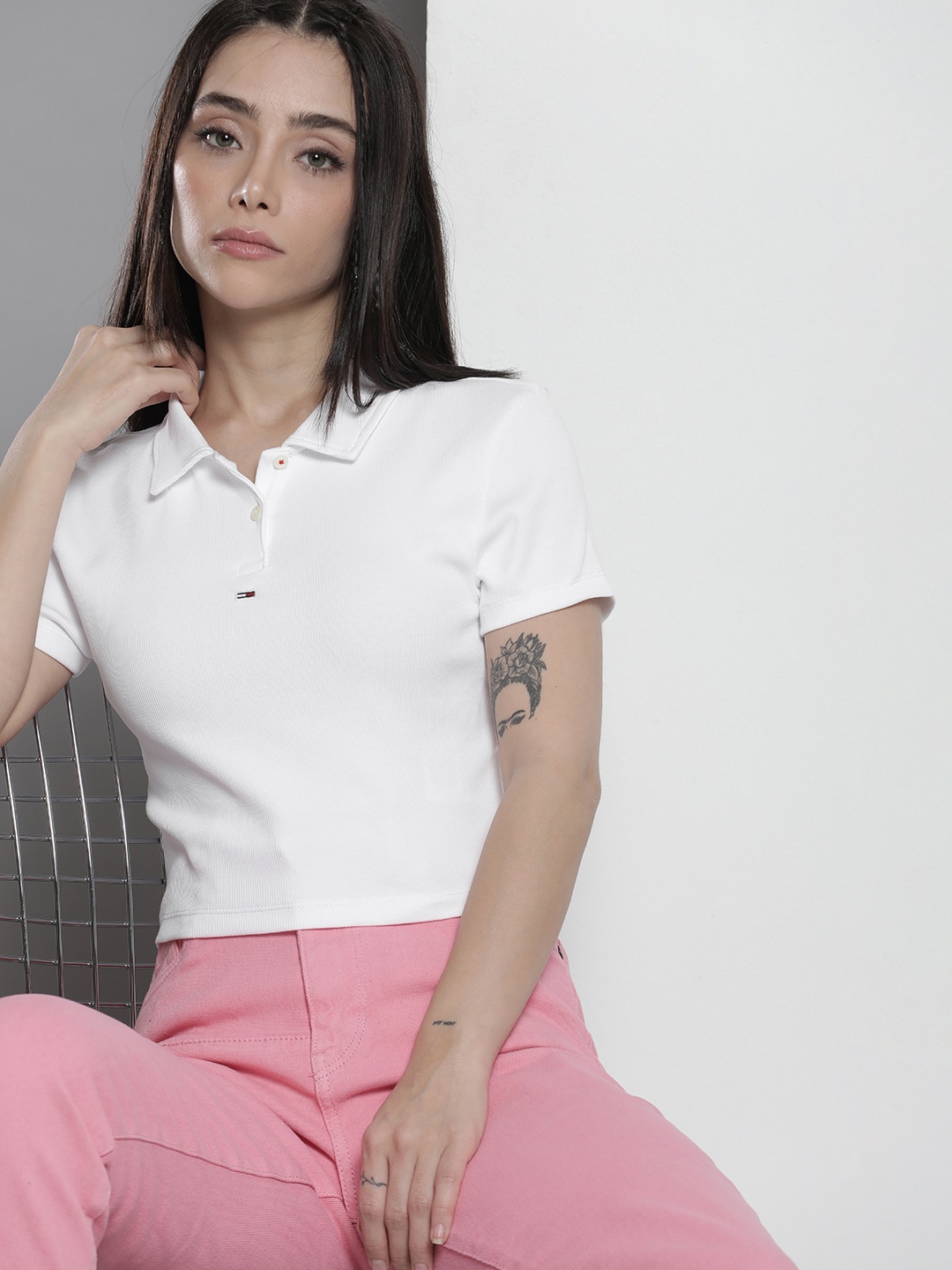 

Tommy Hilfiger Women Pure Cotton Ribbed Polo Collar Crop T-shirt, White