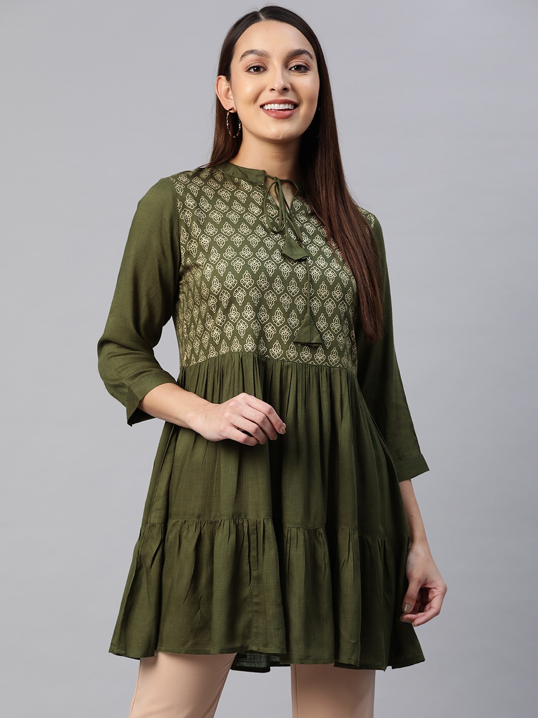 

MBE Woman Ethnic Print Tie-Up Neck Top, Green