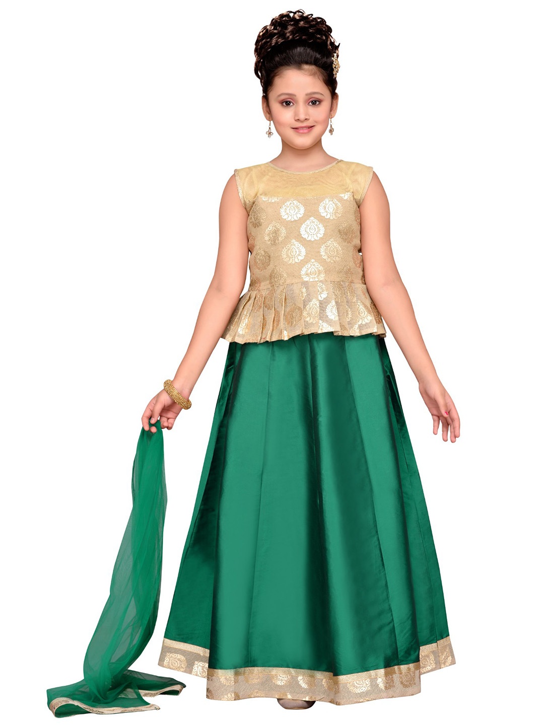 

Adiva Girl's Beige & Green Self-Design Lehenga Choli