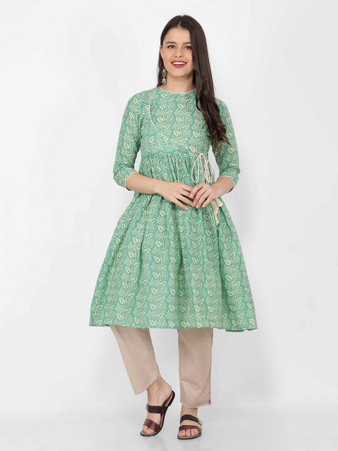 

NAVIYATA Floral Printed Angrakha Pure Cotton Kurta with Trousers, Sea green