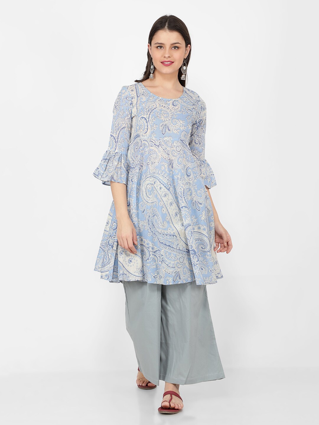 

NAVIYATA Ethnic Motifs Printed Pure Cotton Kurta with Palazzos, Blue