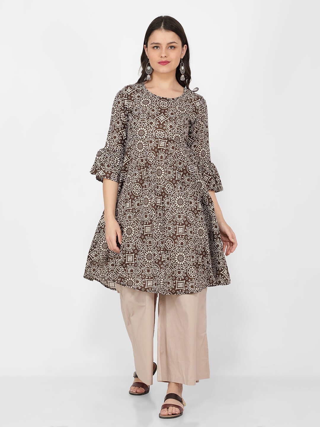 

NAVIYATA Women Ethnic Motifs Printed Pure Cotton Kurta with Palazzos, Brown