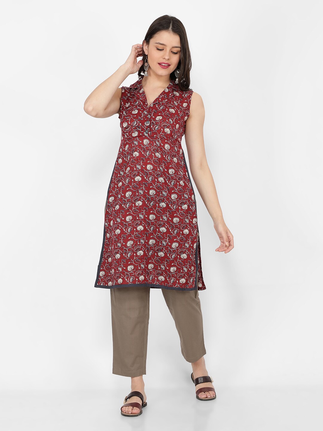 

NAVIYATA Women Floral Printed Pure Cotton Kurta with Trousers, Maroon