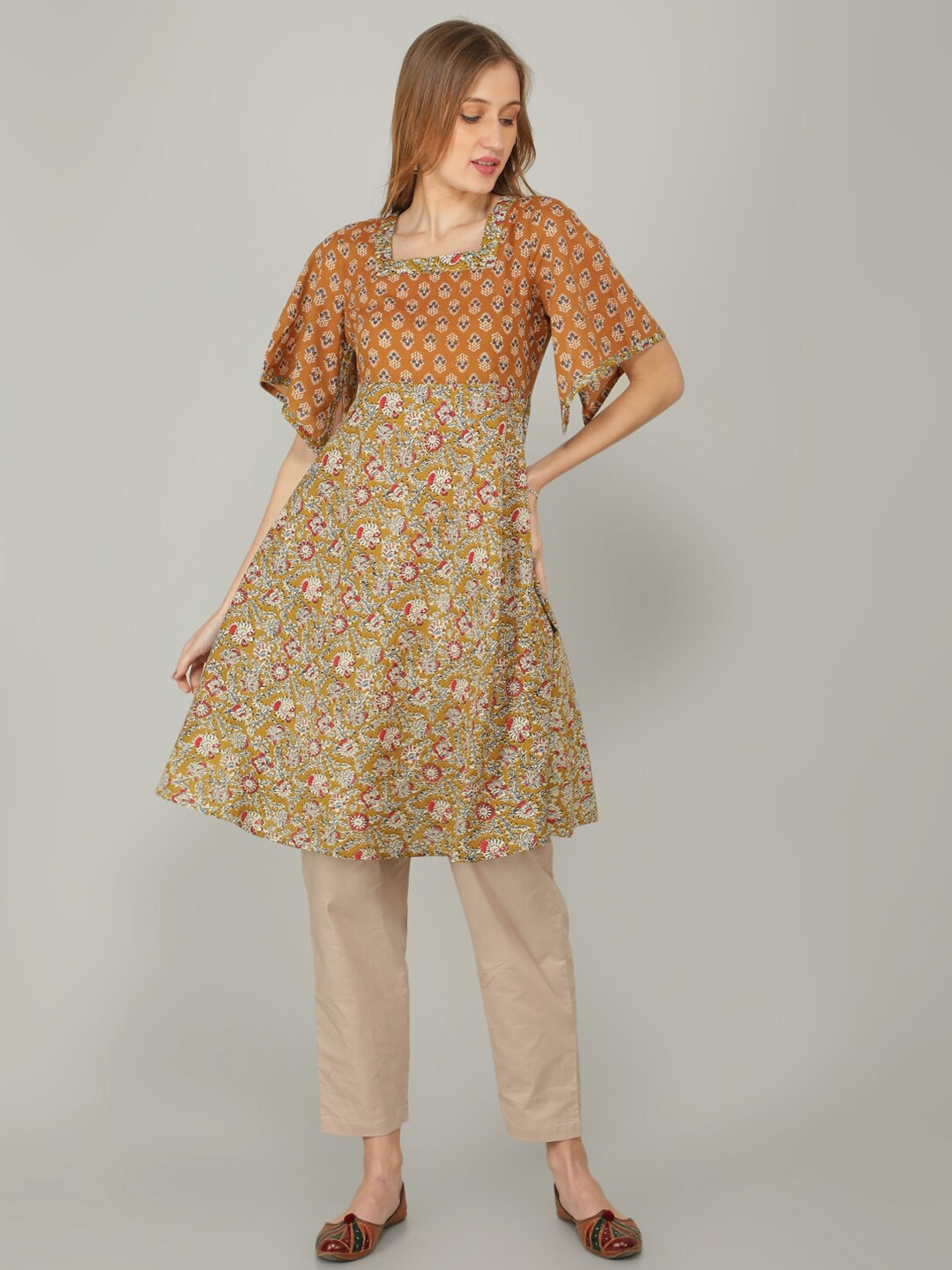 

NAVIYATA Women Floral Printed Pure Cotton Kurti with Trouser, Mustard